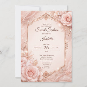 Convites Luxo Rosa Bege Dourado Floral Sweet 16