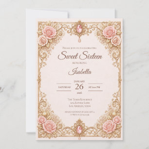Convites Luxo Rosa Bege Dourado Laço de Renda Sweet 16