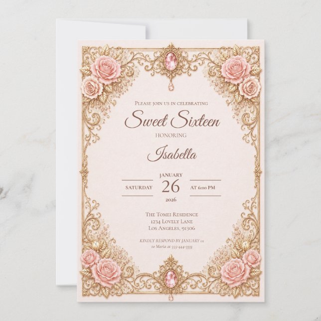 Convites Luxo Rosa Bege Dourado Laço de Renda Sweet 16 (Frente)