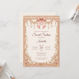 Convites Luxo Rosa Bege Dourado Laço de Renda Sweet 16
