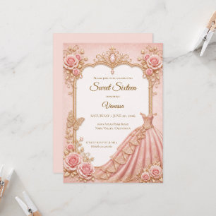 Convites Luxo Rosa Bege Dourado Princesa Doce 16