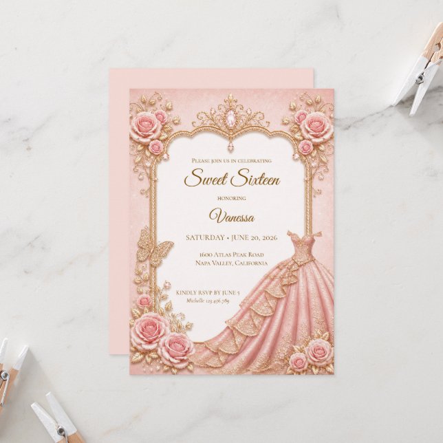 Convites Luxo Rosa Bege Dourado Princesa Doce 16 (Frente/Verso In Situ)