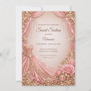 Convites Luxo Rosa Bege Dourado Princesa Doce 16