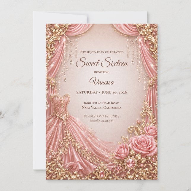 Convites Luxo Rosa Bege Dourado Princesa Doce 16 (Frente)