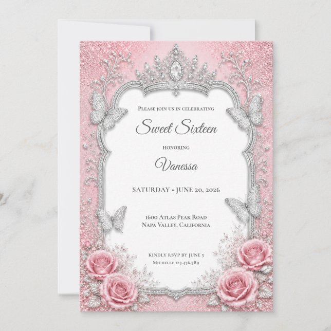 Convites Luxo Rosa Bege Prata Princesa Doce 16 (Frente)