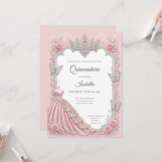 Convites Luxo Rosa Bege Prata Princesa Quinceañera (Frente/Verso In Situ)