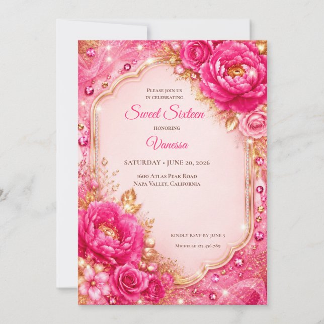 Convites Luxo Rosa Dourado Floral Doce 16 (Frente)