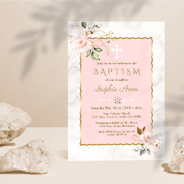 Convites Luxo Rosa Esmaga Douradas Flores Marble Baptism