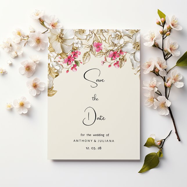 Convites Luxo rosa marfim branco flores Salve a Data (Luxury ivory pink white gold flowers Save the Date)