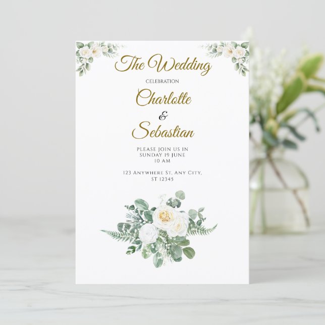 Convites Luxo Rosa Marfim Casamento Verde Dourado (Em pé/Frente)