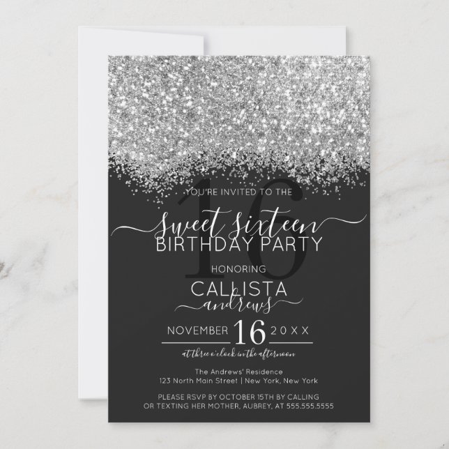 Convites Luxo Silver Black Glitter Confetti Sweet 16 (Frente)