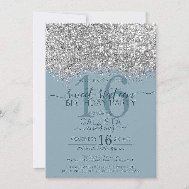 Convites Luxo Silver Blue Glitter Confetti Sweet 16 (Frente)