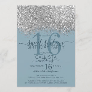 Convites Luxo Silver Blue Glitter Confetti Sweet 16