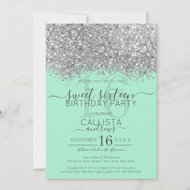 Convites Luxo Silver Neo Mint Glitter Confetti Sweet 16 (Frente)