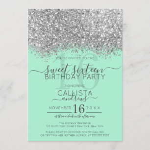Convites Luxo Silver Neo Mint Glitter Confetti Sweet 16
