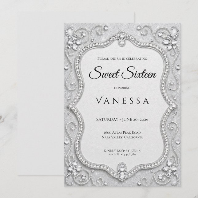 Convites Luxo Sweet 16 Brilho Cristais de Prata (Frente/Verso)