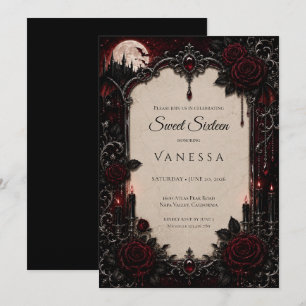 Convites Luxo Vermelho Escuro Gótico Sweet 16
