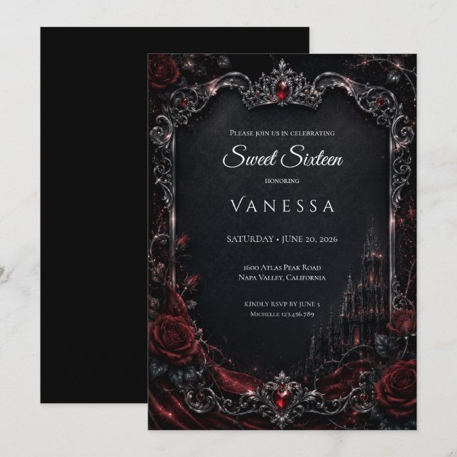 Convites Luxo Vermelho Escuro Gótico Sweet 16 (Frente/Verso)