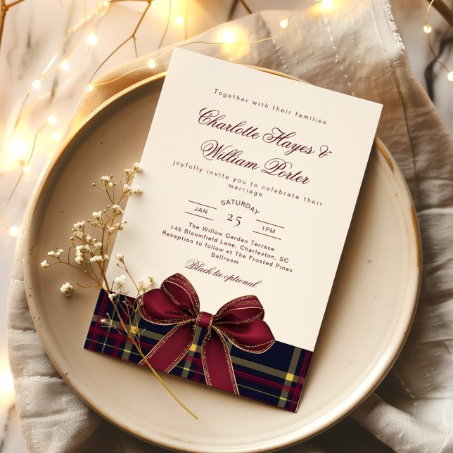 Convites Luxo xadrez Bow Burgundy Inverno Casamento (Criador carregado)
