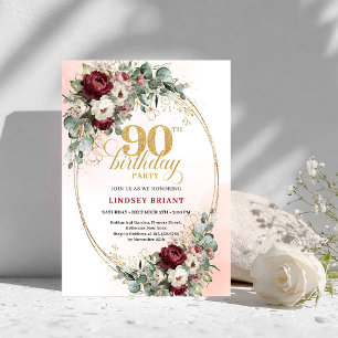 Convites Luxuosas Peônias Marrom Eucalipto 90º Aniversário