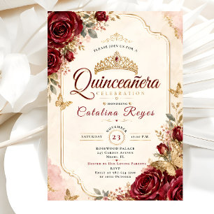 Convites Luxuosas Rosas Vermelhas e Douradas Quinceañera