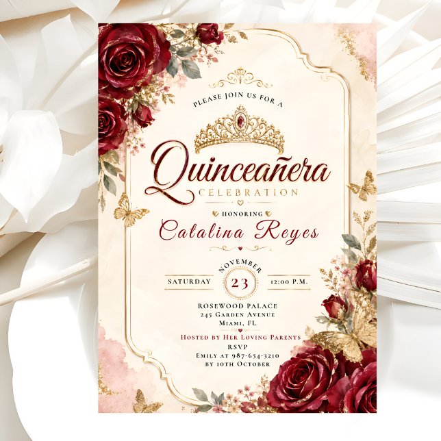 Convites Luxuosas Rosas Vermelhas e Douradas Quinceañera (Criador carregado)