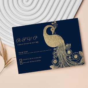 Convites Luxuoso azul dourado real pavão elegante RSVP
