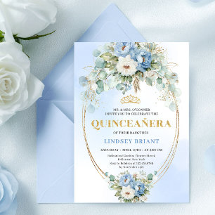 Convites Luxuoso Boho Azul Floral Quinceañera 15º Aniversár