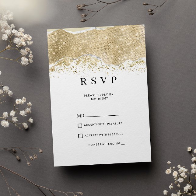 Convites Luxuoso branco prata e dourado brilho RSVP  (Luxury white silver and gold glitter RSVP)