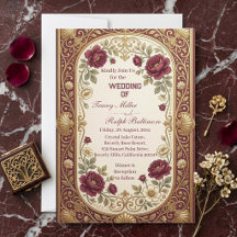 Luxuoso Casamento de Rosas Bordeaux Ouro Art Nouve