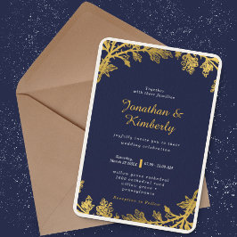 Convites Luxuoso Casamento Floral Azul Marinho e Dourado