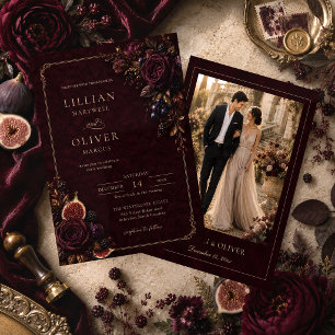 Convites Luxuoso Casamento Floral de Veludo Borgonha em Fot