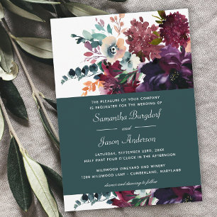 Convites Luxuoso Casamento Floral em Aquarela Azul Turquesa