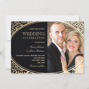 Convites Luxuoso Casamento Fotográfico Preto e Dourado