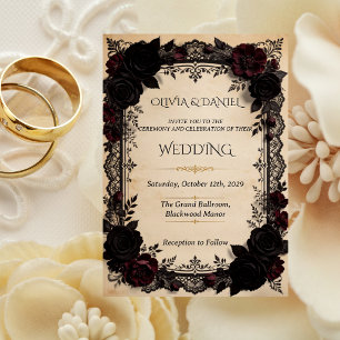 Convites Luxuoso Casamento Vitoriano de Renda Preta com Rom