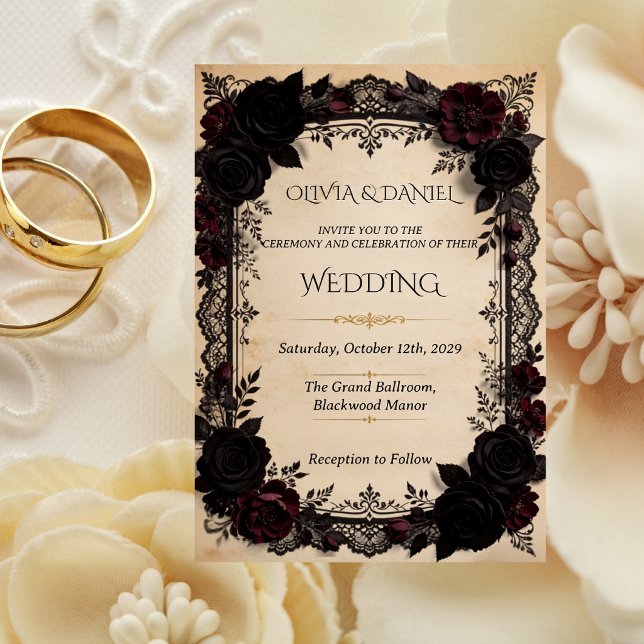 Convites Luxuoso Casamento Vitoriano de Renda Preta com Rom (Criador carregado)