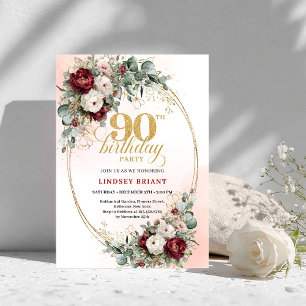 Convites Luxuoso Floral Borgonha Dourado Folhagem Aniversár