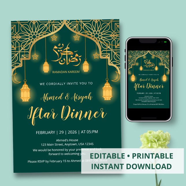 Convites Luxuoso Iftar Geométrico em Esmeralda Verde e Dour (Criador carregado)