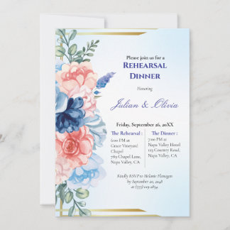 Convites Luxuoso Jantar de Ensaio Dusty Blue e Blush Pink
