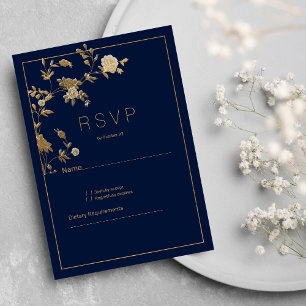 Convites Luxuoso moderno floral dourado azul marinho RSVP