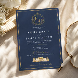 Convites Luxuoso Monograma de Casamento Azul Naval Old Mone