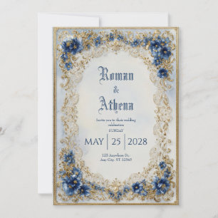 Convites Luxuoso Oval de Noiva Vitoriano Azul Dourado Ornam