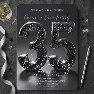 Convites Luxuoso Preto Brilho Prata Brilho 35º Aniversário