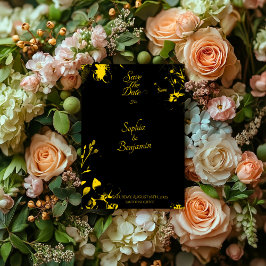 Convites Luxuoso Preto e Dourado Floral Salve a Data