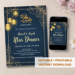 Convites Luxuoso Quadro Iftar Azul Marinho e Dourado Brilha