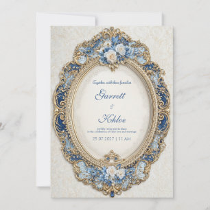 Convites Luxuoso Quadro Oval Rococó Azul Naval Dourado Casa