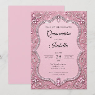Convites Luxuoso Quinceañera Brilho Rosa Rhinestones