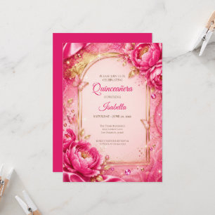 Convites Luxuoso Quinceañera Princesa Rosa em Ouro