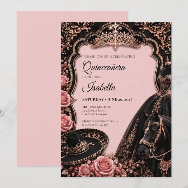 Convites Luxuoso Quinceañera Rosa (Frente/Verso)