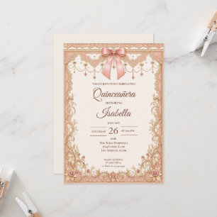 Convites Luxuoso Quinceañera Rosa Bege Dourado